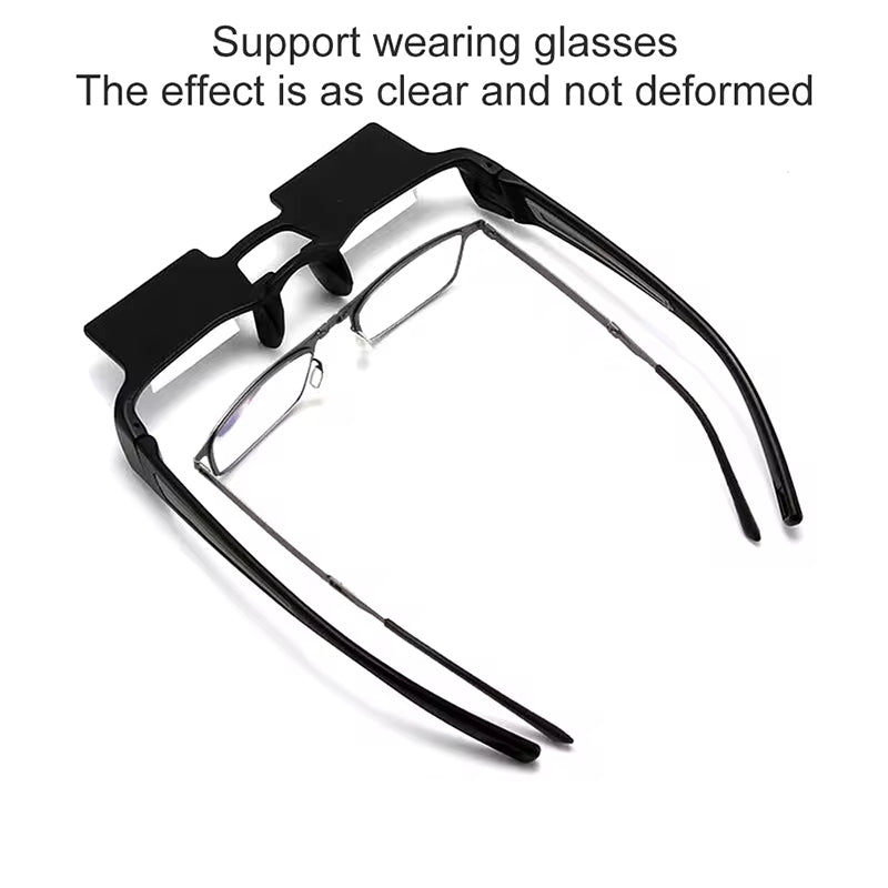 Displayed is a pair of Dual Vision Prism Lazy Glasses for Knitting and Crocheting, featuring clip-on black rectangular lens frames positioned over regular glasses. The text above states: "Perfect for those who wear glasses. The ergonomic design guarantees clarity without distortion.