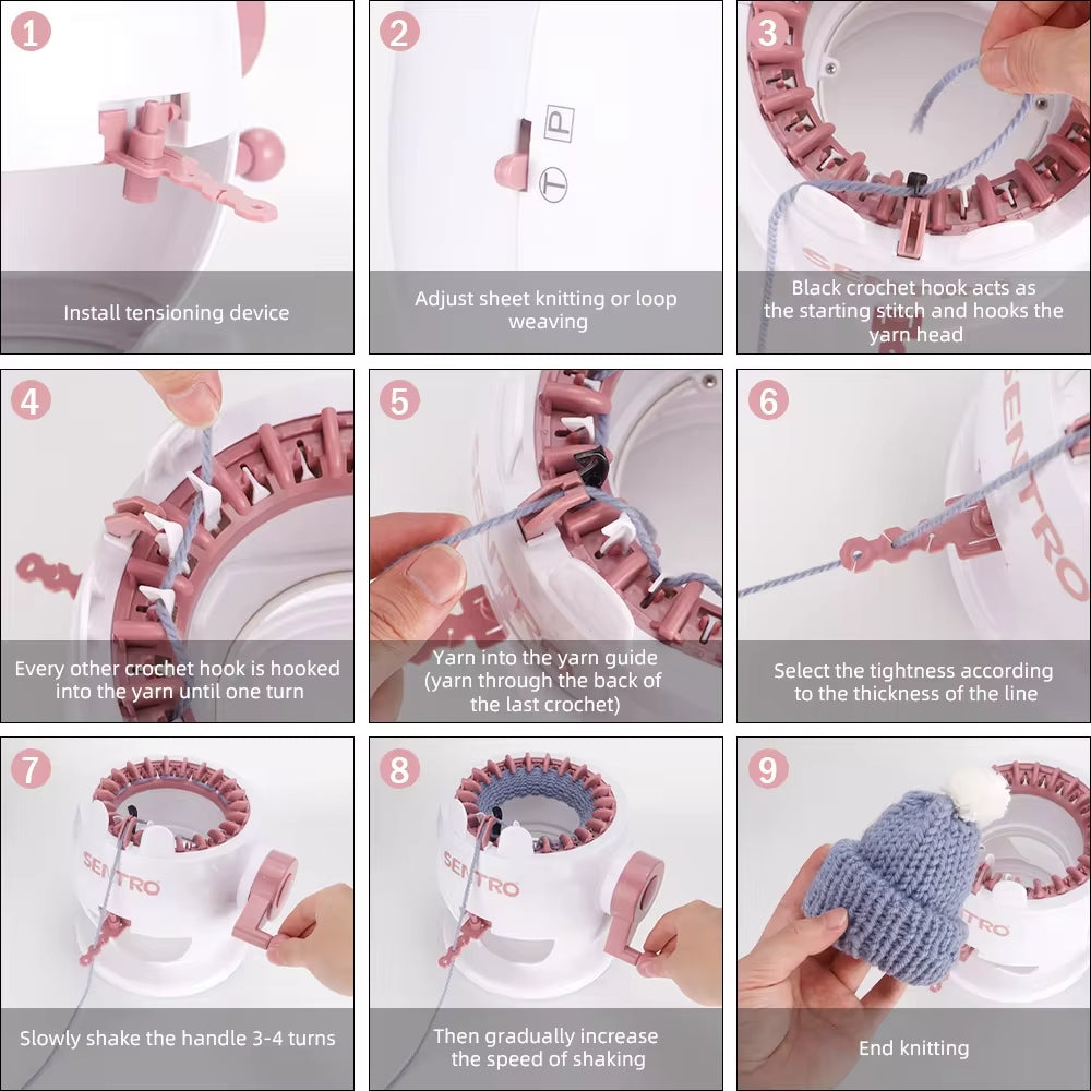Explore our comprehensive DIY guide for the Rabbit 22 Needles Knitting Machine Kit, complete with detailed images: easily install the machine, adjust the hook, weave your yarn, tighten it securely, turn the handle smoothly, and repeat. Its user-friendly design ensures that shaping and removing your finished creation is simple and flawless. Achieve a perfect finish every time!