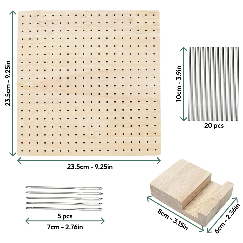 The Crochet Blocking Board is a premium oak pegboard for dedicated crocheters, featuring labeled metal rods, five needles, a sturdy wooden stand, and precise dimensions for easy blocking.