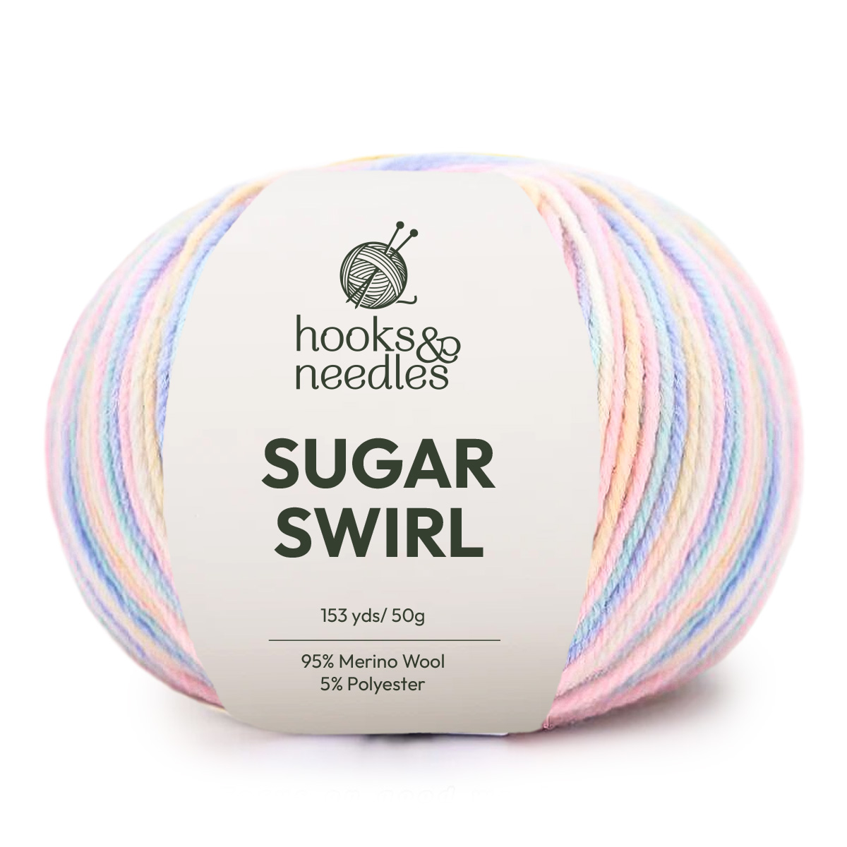 Sugar Swirl Variegated Yarn: pastel skein, 95% merino wool/5% polyester, 153 yards per 50g.