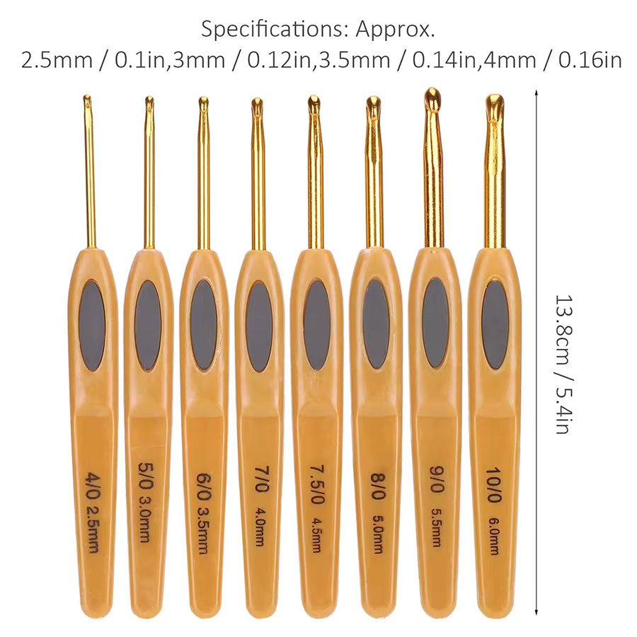 The Crochet Hook Set 8 Pcs, featuring ergonomic gold and orange design, is arranged in a row with sizes ranging from 2.5mm to 6.0mm. This set is ideal for enthusiasts looking for precision and comfort in their crafting tools.