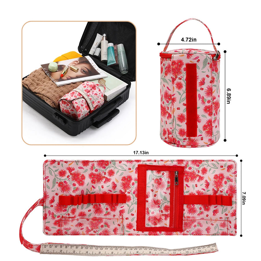 A Compact Knitting Bag: Yarn Storage Organizer with labeled dimensions is displayed, showcasing its floral design. The bag is shown closed, fully open with compartments ideal for crochet hooks or knitting essentials, and conveniently packed in a suitcase alongside your toiletries and yarn storage items.