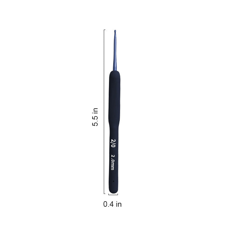A versatile crochet hook from the 9 Pcs Blue Crochet Hook Set with Soft Handle, measuring 5.5 inches in length and 0.4 inches in width, appears on a plain background and is labeled as size 2.0 mm. This essential tool is ideal for various projects and seamlessly complements any crochet set.