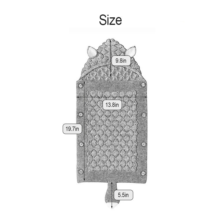 Illustration of a cozy, textured Knitted Baby Sleeping Bag Wrap Blanket with dimensions: 19.7 inches tall, 13.8 inches wide, a hood width of 9.8 inches, and a tail length of 5.5 inches. Features an adorable design with ears and a tail.