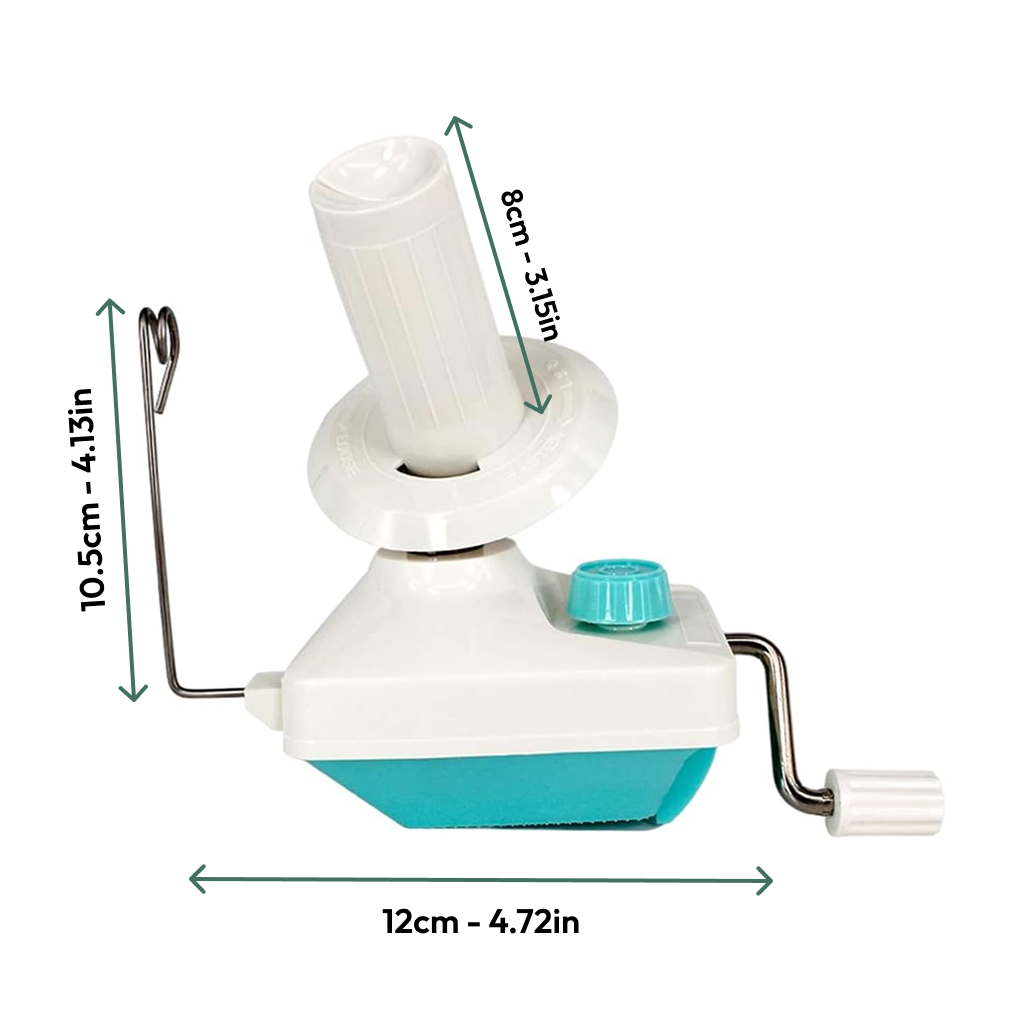 The Yarn Ball Winder in teal and white saves time with its 10.5 cm height, 12 cm width, and 8 cm handle. It features a crank handle and metal yarn guide to create uniform yarn balls efficiently every use.