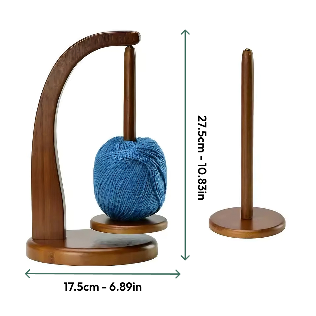 Two Levitating Premium Yarn Holders made from eco-friendly wood are shown—one with a blue ball of tangle-free yarn, the other empty. Each holder measures 27.5 cm tall and 17.5 cm wide.