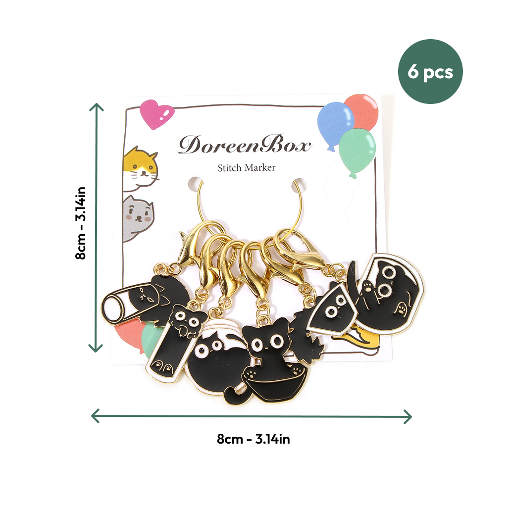 The Elegant Black Cat Stitch Markers Set (6pcs), perfect for knitting and crochet, comes displayed on an 8 x 8 cm “DoreenBox” card—an ideal accessory for your elegant yarn projects.