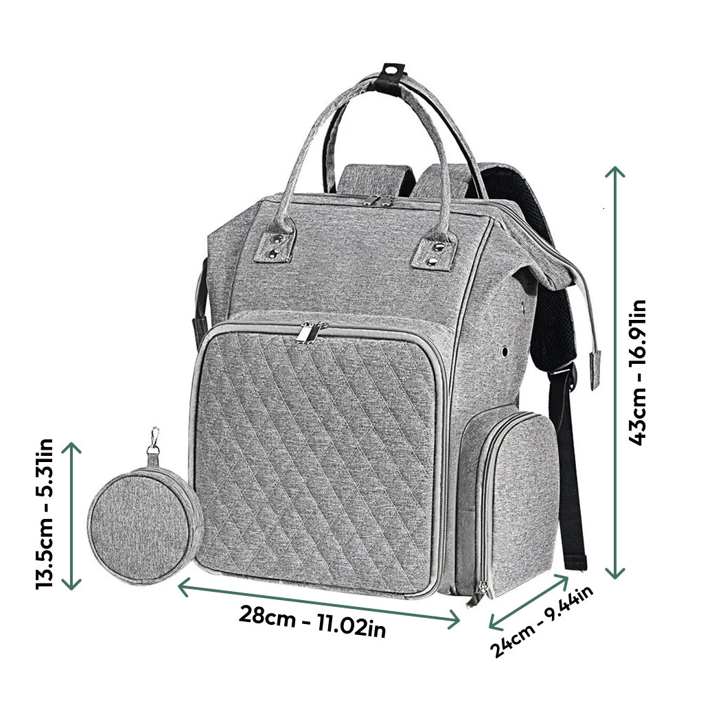 The Knitting and Crochet Organizer Backpack, made from durable 600D Oxford fabric, features top handles, a front pocket, side compartments, a matching round pouch, and measures 43cm x 28cm x 24cm (16.9in x 11.02in x 9.44in).