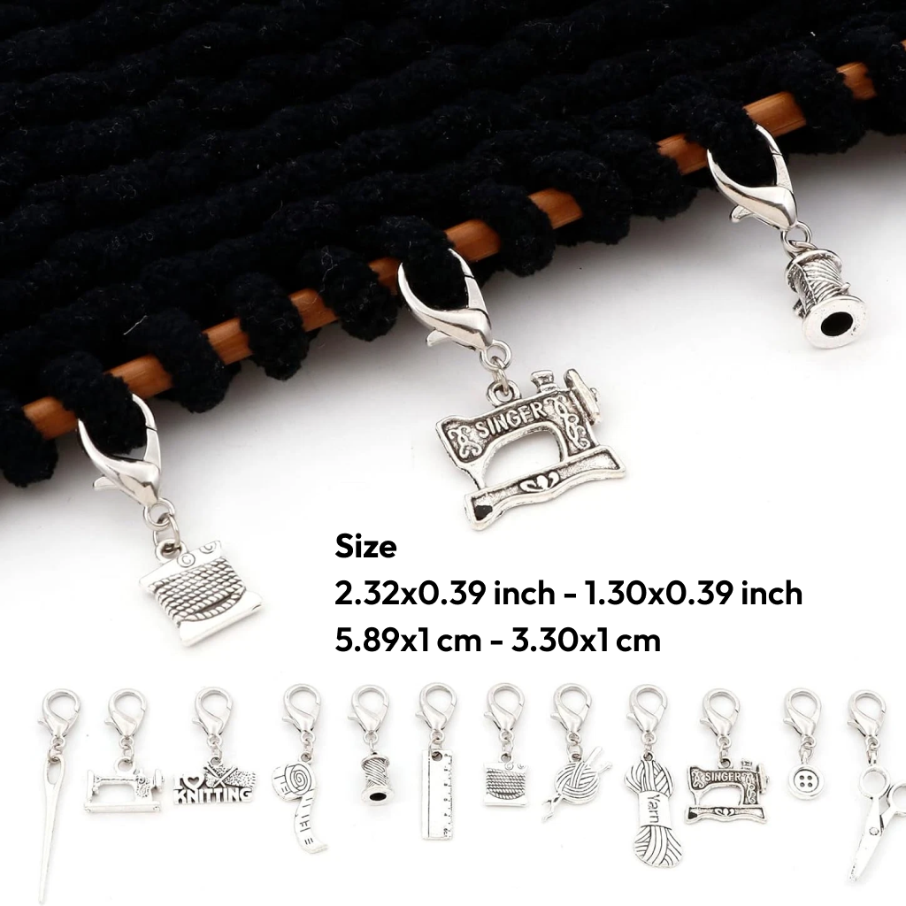 Stitch Markers 12pcs: silver-tone steel knitting markers with lobster clasps, shown on a dark textured background with size details.