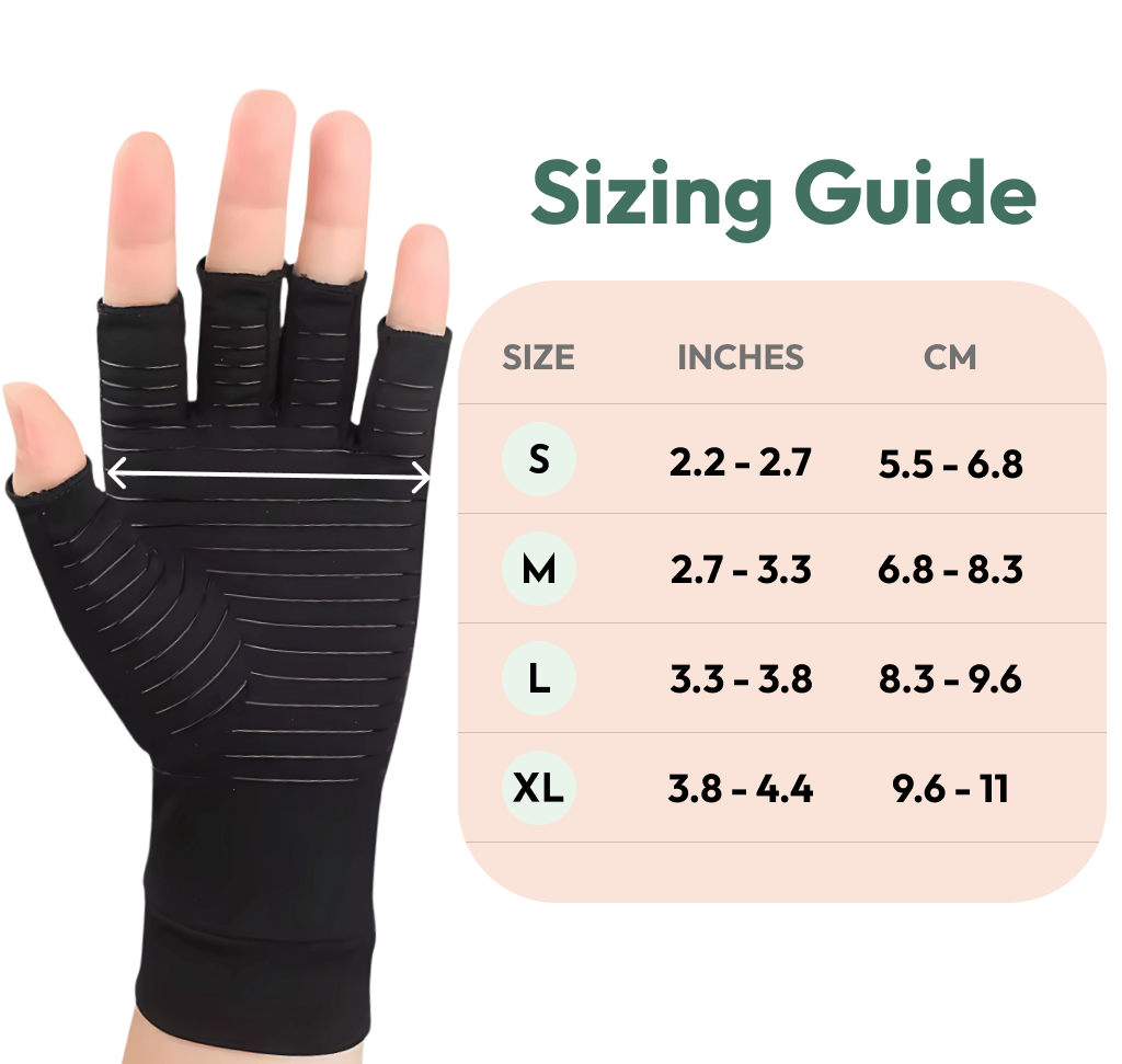 A hand wears Arthritis Pain Relief Gloves made with copper-infused black fabric, shown beside a sizing chart (S–XL, inches & cm)—perfect for crafters seeking pain relief.