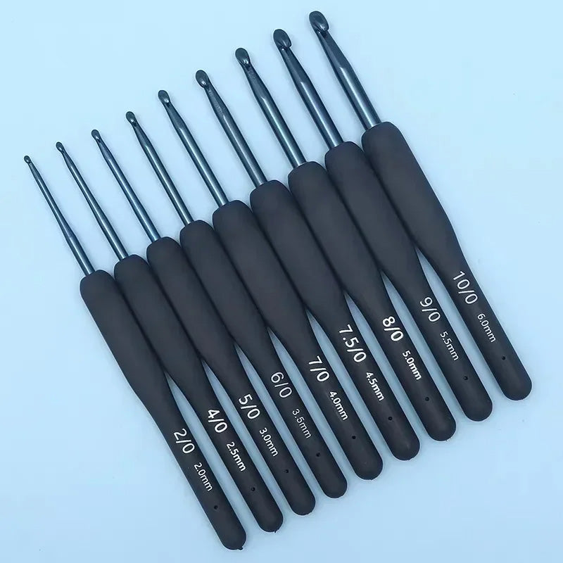 A 9-piece blue crochet hook set with soft handles, featuring sizes ranging from 2.0mm to 10.0mm, is displayed in ascending order against a light blue backdrop.