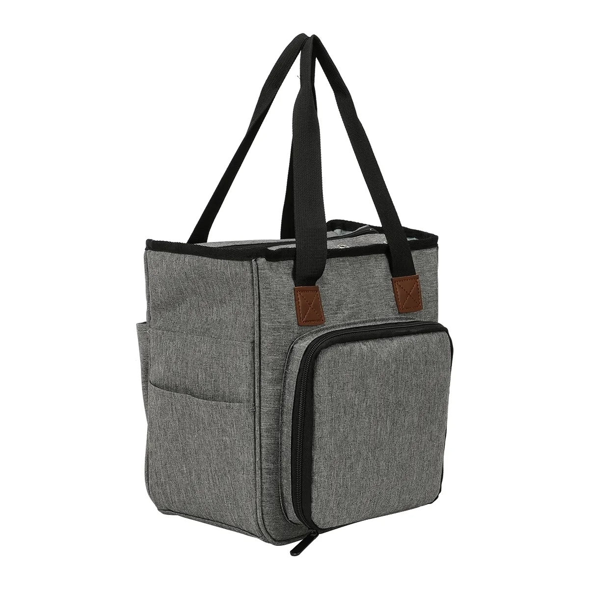 Introducing the Yarn Organizer Tote: A gray insulated tote featuring black handles, a front zippered pocket, and plenty of room to serve as a versatile craft organizer. It's perfect for transporting snacks or keeping your knitting supplies neatly organized.