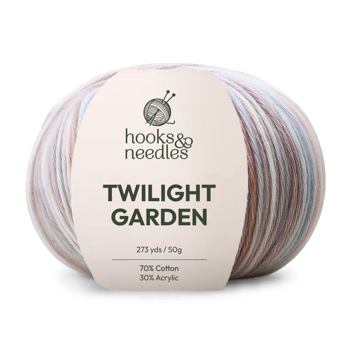 A 50g skein of Twilight Garden Variegated Yarn, 273 yards, lace weight cotton blend in soft muted pastels by Hooks & Needles.