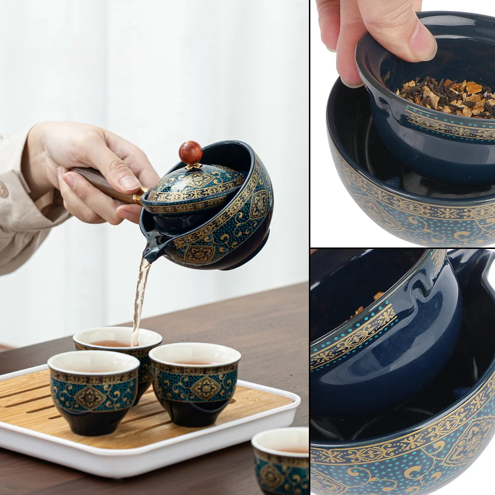 A tea connoisseur gracefully pours from the Tea Making Set With Cups and Case, featuring a blue and gold porcelain design, into small matching cups on a tray. A close-up inset reveals the delicate tea leaves inside the teapot.