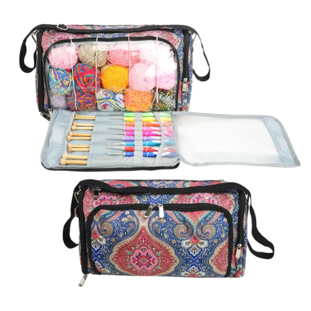 The Vintage Yarn Storage Bag is beautifully organized with vibrant yarn and crochet hooks, featuring multiple compartments and crochet pockets for multifunctional craft organization.