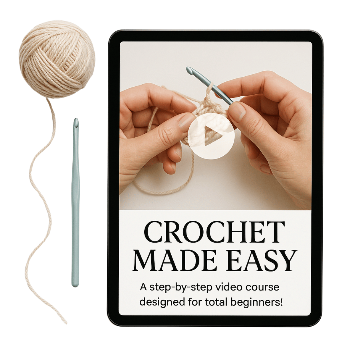 A tablet showing the "Crochet for Beginners – Video Course" cover, with hands holding a crochet hook and yarn. Beside it are a ball of yarn and a crochet hook.