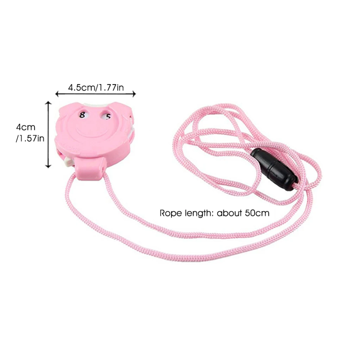 This product, named "Row Counter for Knitting & Crocheting," is a pink retractable badge holder featuring a smiley face and measuring 4.5cm by 4cm. Ideal for crafters, it includes a pink rope approximately 50cm long and a black connector, combining the charm and functionality reminiscent of a knitting row counter.