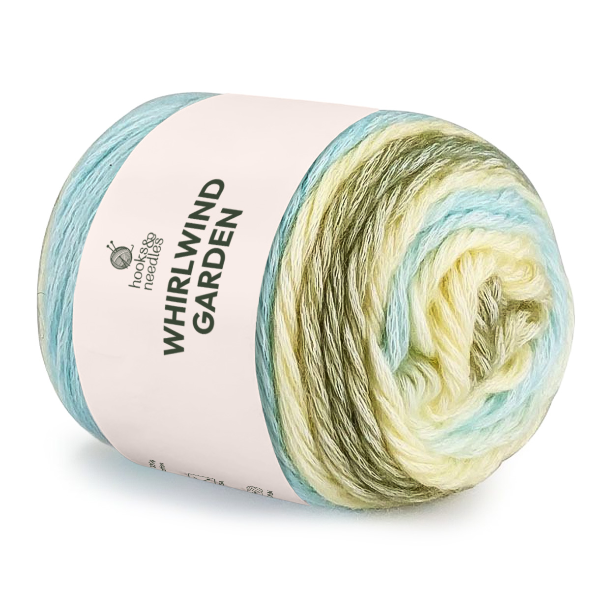 A skein of Whirlwind Garden Variegated Yarn in medium weight, featuring blue, green, and cream shades.