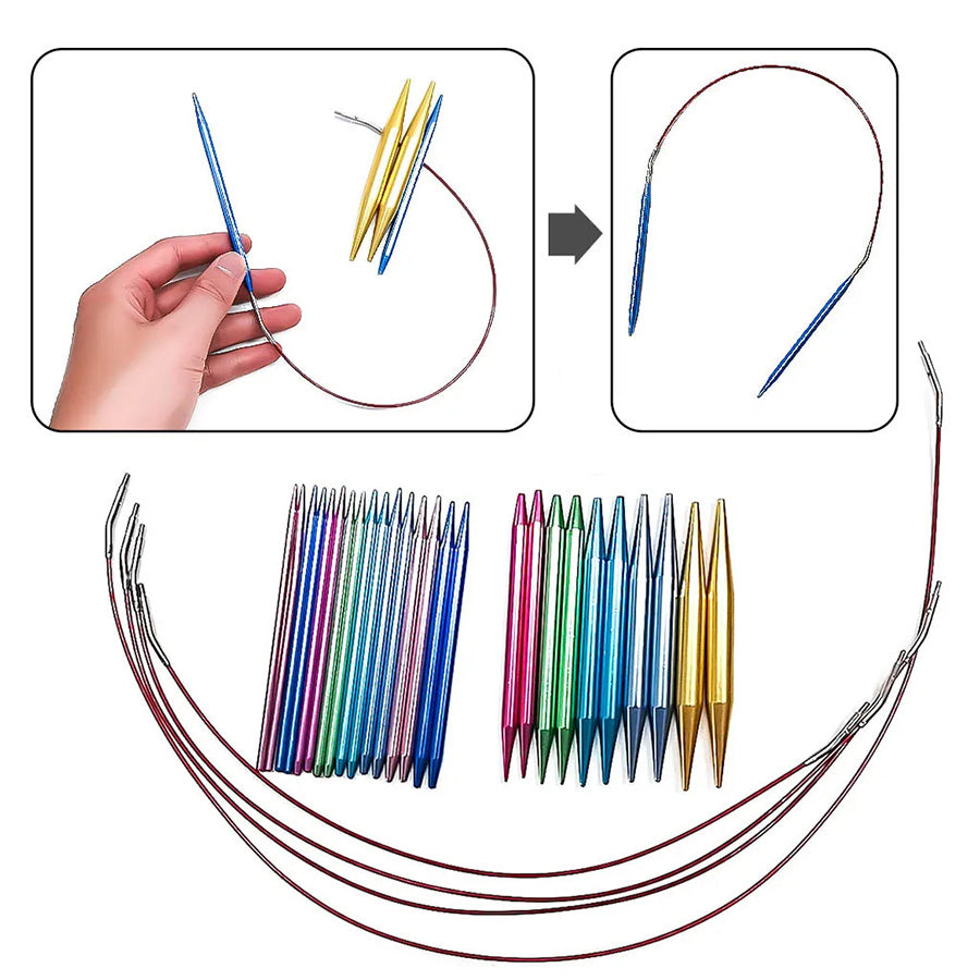 The Aluminum Knitting Needle Set with Case showcases premium knitting tools, featuring assorted colorful needles and flexible cables displayed in hand, isolated, and bundled together.