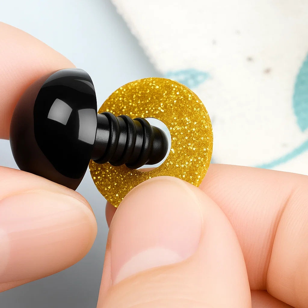 A hand assembles a black safety eye and glittery gold washer from the Safety Eyes & Noses Set, perfect for adding eyes to amigurumi or toy crafts.