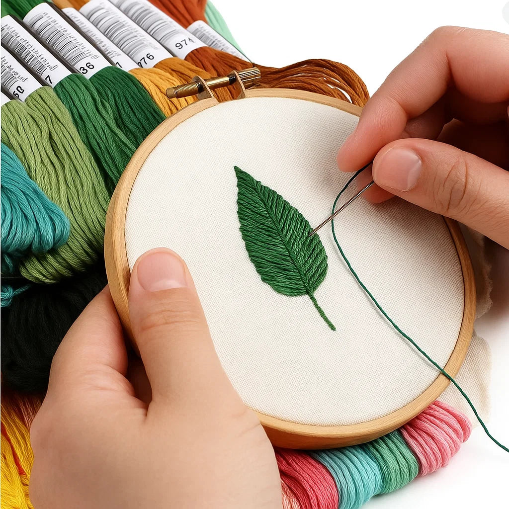 A person uses green threads from the Embroidery Floss Set to stitch a leaf on white fabric in a wooden hoop, with other colorful flosses nearby.
