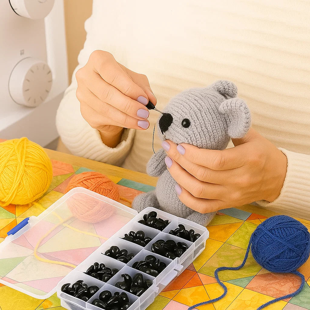 A person attaches Safety Eyes for DIY to a gray amigurumi koala, with yarn balls and a box of safety eyes on a colorful table.