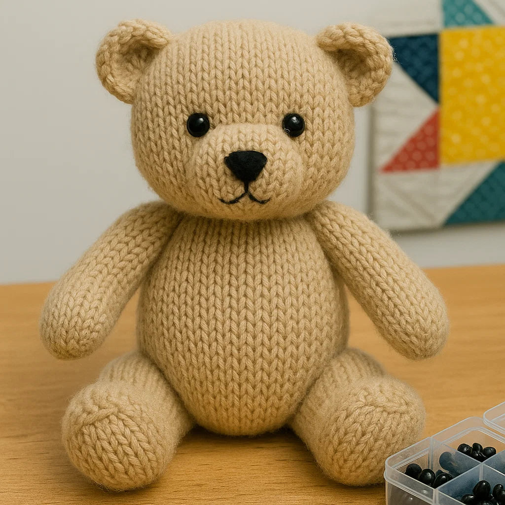 A knitted beige teddy bear with black safety eyes sits on a wooden surface beside a plastic container of Safety Eyes for DIY, offering perfect inspiration for amigurumi or other crochet projects.