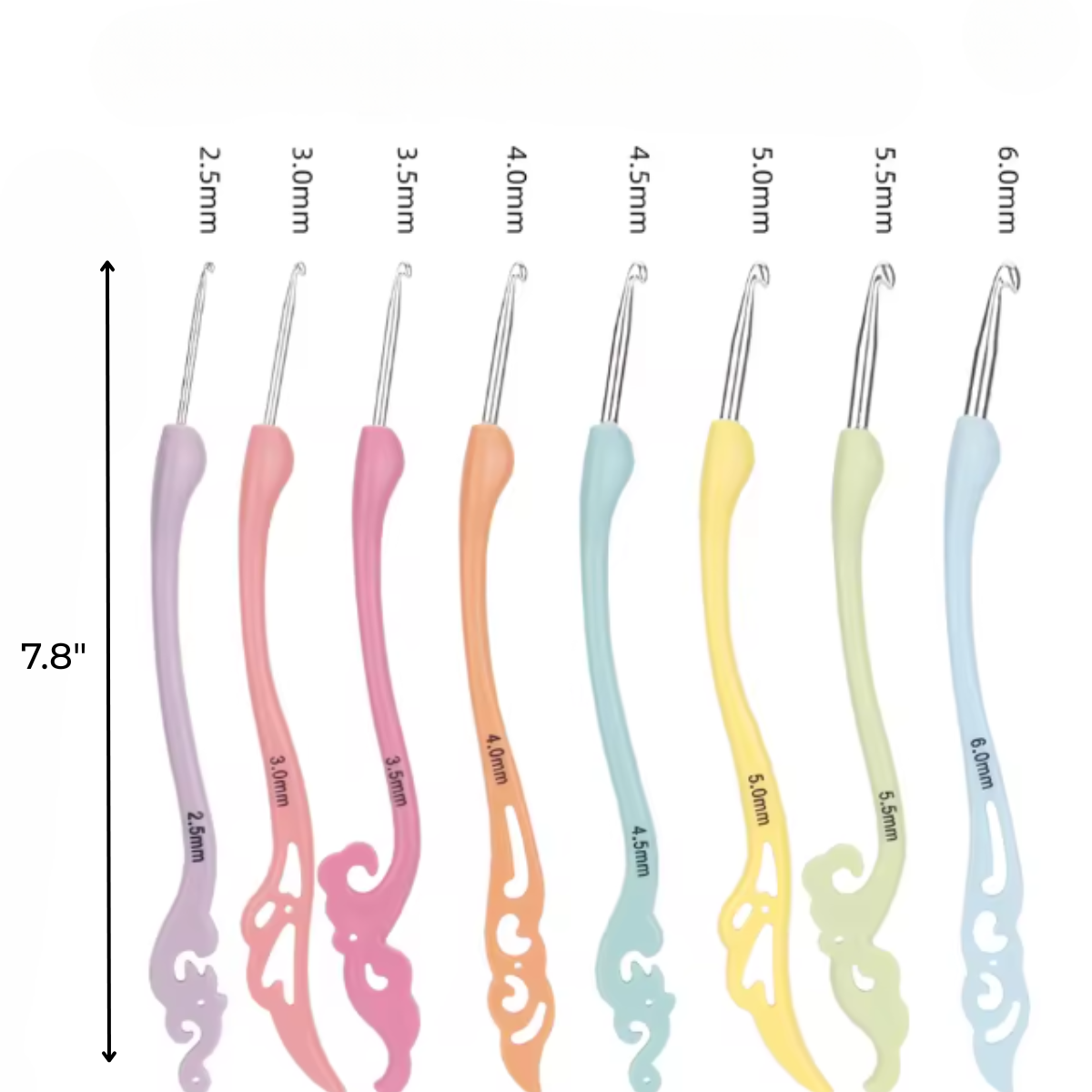 The Vintage-Style Crochet Hook Set 8 Pcs features soft, ergonomic pastel handles labeled from 2.5mm to 6.0mm, arranged in a row and measuring 7.8 inches tall as shown on the left.