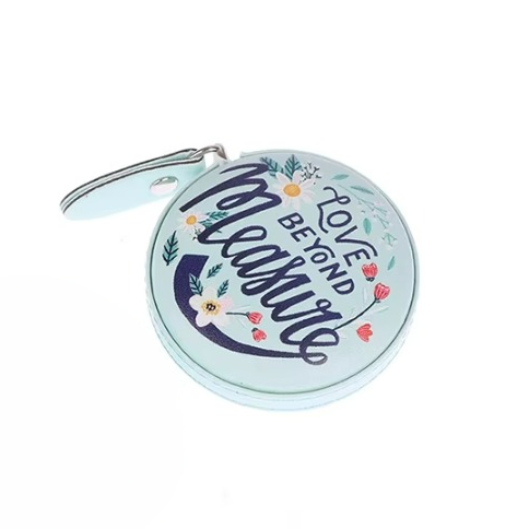 Introducing our circular coin purse designed with a floral pattern that includes the text "Love Beyond Measure." This stylish accessory features a built-in 150cm/60in retractable measuring tape, making it an essential tool for knitting and crocheting enthusiasts.