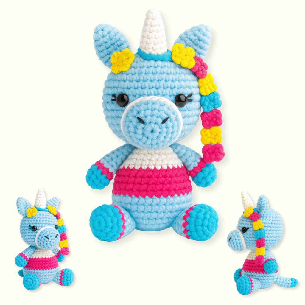 Three amigurumi crochet unicorn dolls from "The Snuggle Squad - 10 Adorable Crochet PDF Patterns" feature blue bodies, white horns, yellow and pink manes, and striped bellies, shown from various angles on a light background.