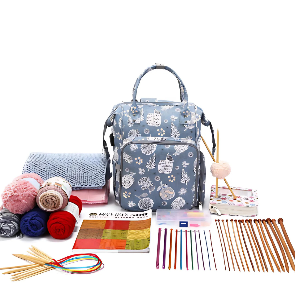 The Oxford Serenity Luxe Bag - Yarn Organizer in blue floral features a USB charging port and is ideal for neatly storing yarn, needles, crochet hooks, and accessories—a stylish solution for every craft project.
