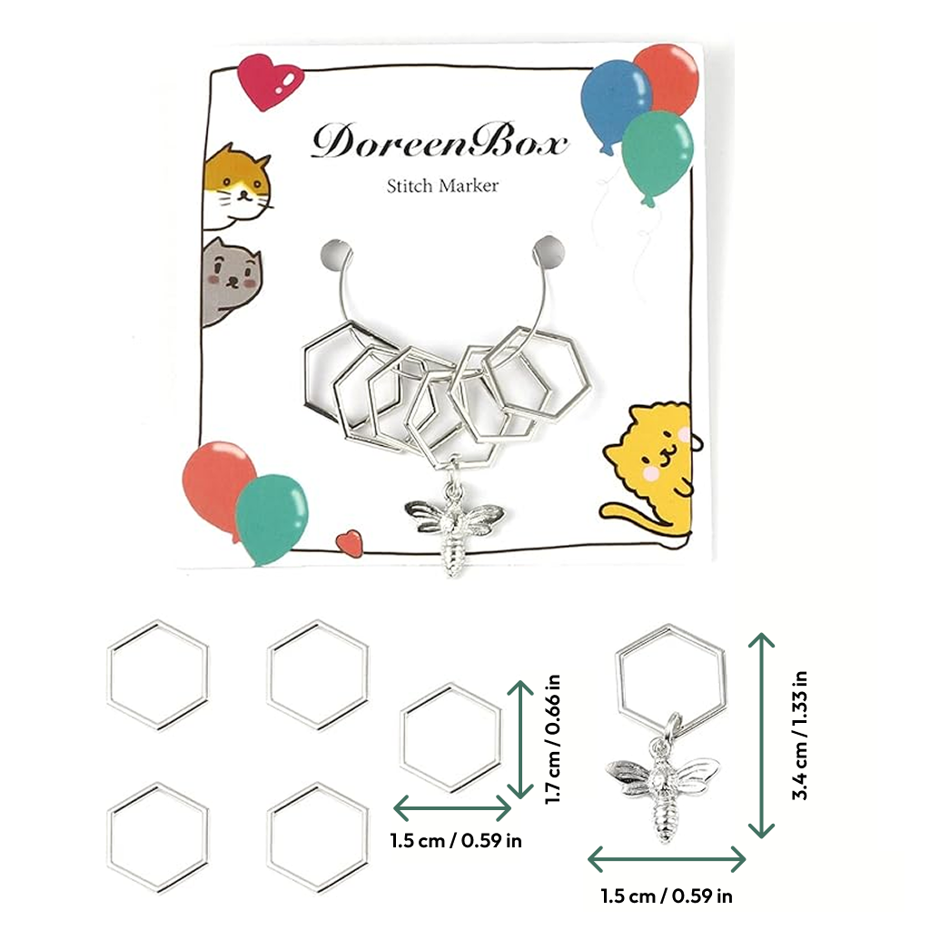 The Hexagon Bee Stitch Marker Set 6Pcs features metal enamel markers shaped like hexagons and a bee, ideal for crochet accessories. Displayed on a card with cat and balloon illustrations; individual marker measurements are listed below.