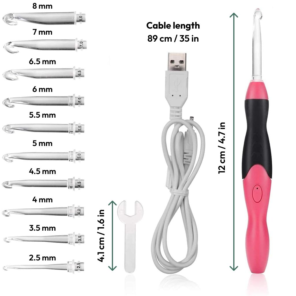 The LED Crochet Hooks: 11-in-1 Rechargeable set includes 11 interchangeable heads, an LED crochet handle with buttons, a USB charging cable, and a small wrench—all in a convenient rechargeable design.