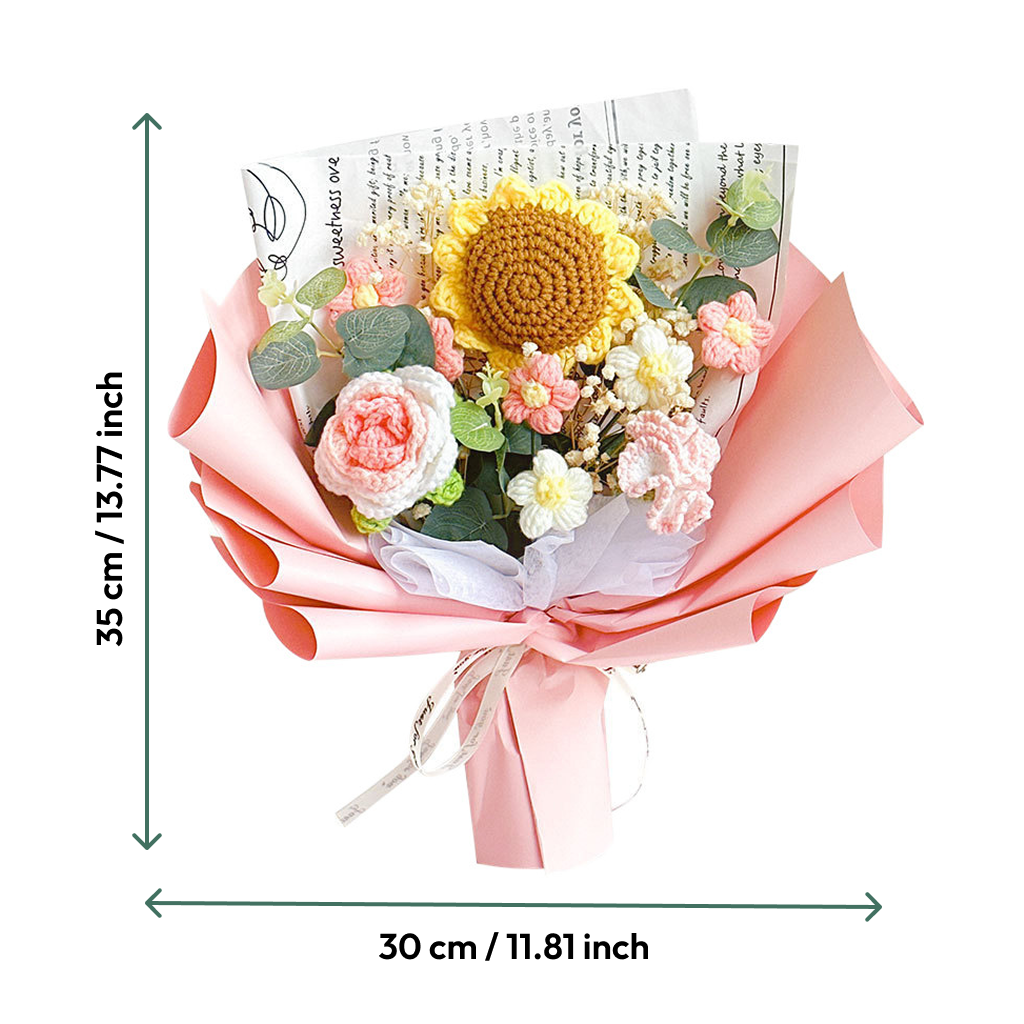 The Crochet Sunflower Bouquet: Blooms That Never Wilt features a handcrafted sunflower as its centerpiece, stands 35 cm tall and 30 cm wide, and is elegantly wrapped in pink paper for lasting beauty.