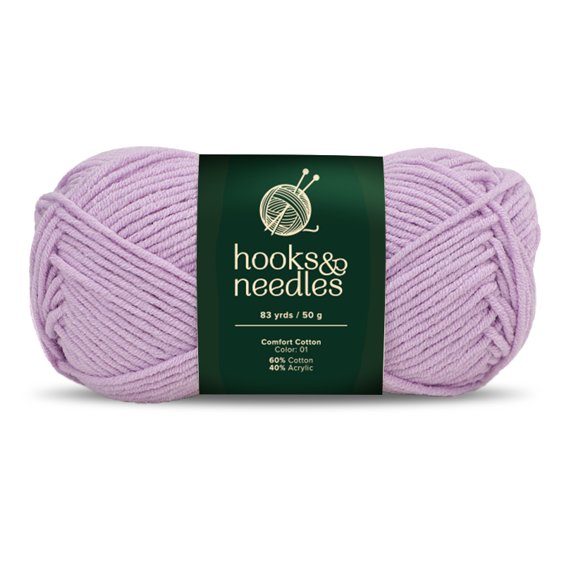A 50g skein of Comfort Cotton, a light purple medium weight yarn, is 60% cotton and 40% acrylic, soft yet durable, and measures 83 yards.