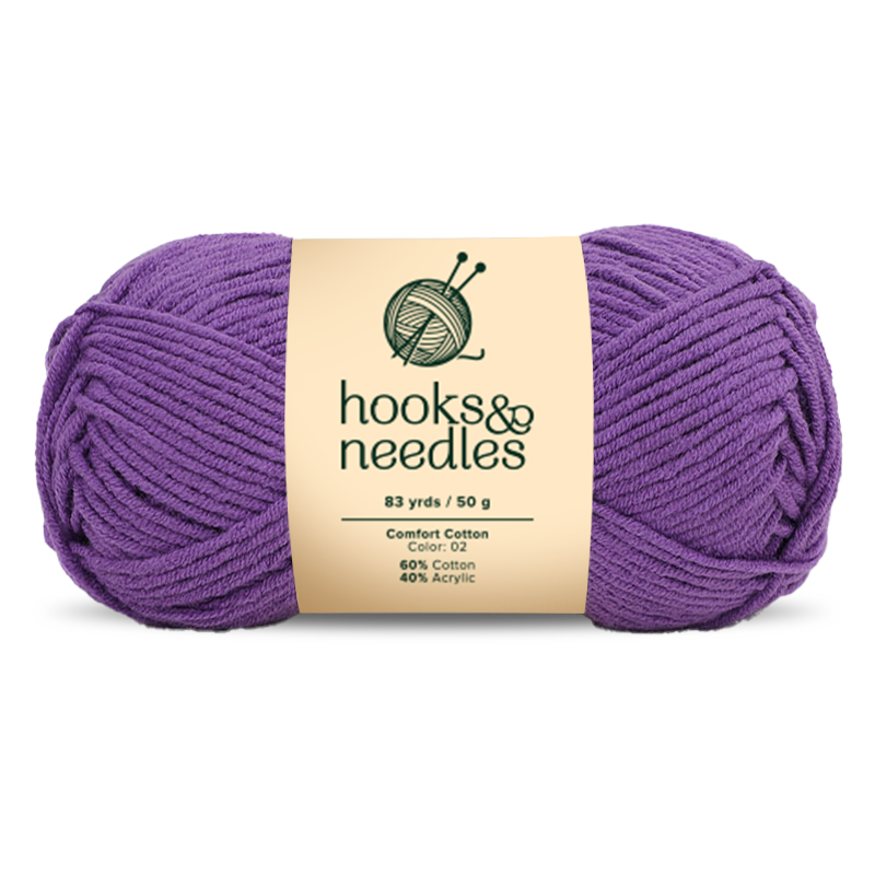 A skein of durable, medium-weight Comfort Cotton yarn in purple—60% cotton, 40% acrylic—83 yards per 50g.