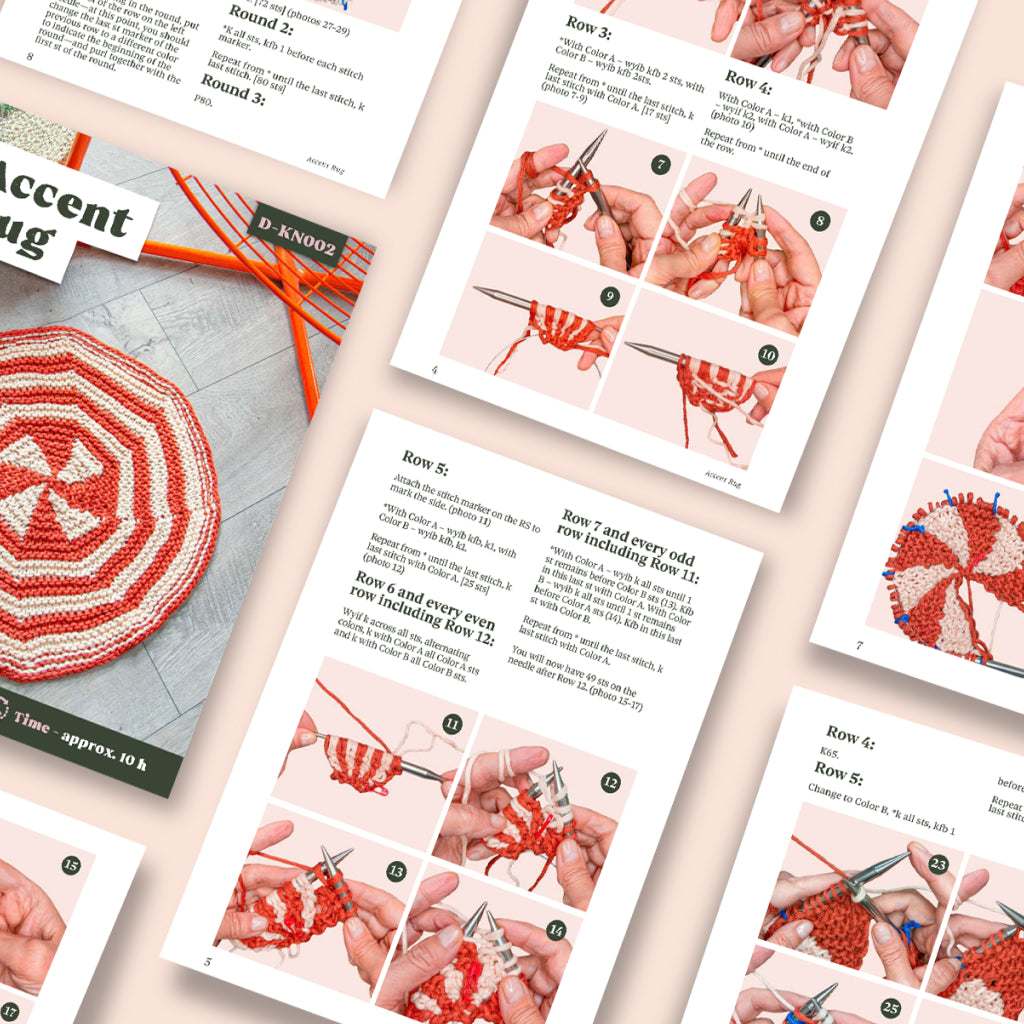 The Accent Rug Knitting Pattern features step-by-step photos, advanced techniques, clear instructions, and showcases a finished circular red and white spiral accent rug on the cover.