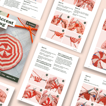 The Accent Rug Knitting Pattern features step-by-step photos, advanced techniques, clear instructions, and showcases a finished circular red and white spiral accent rug on the cover.