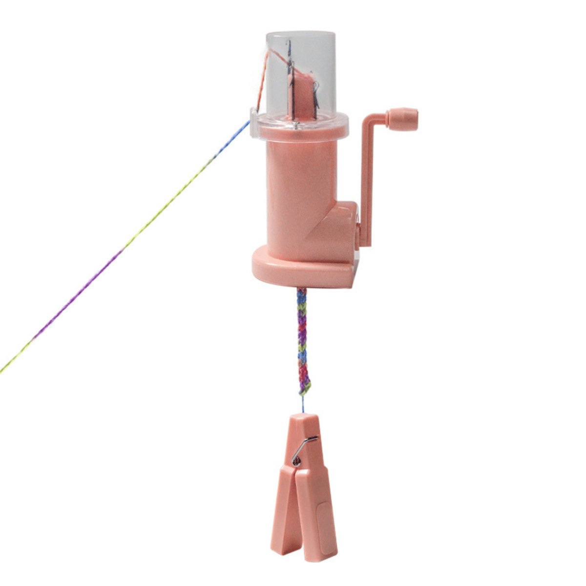 The i-Cord Knitting Machine is a pink, manual tool with a crank handle that braids multicolored yarn; a clothespin keeps tension on your finished braid—ideal for fast and easy I-Cord creation.