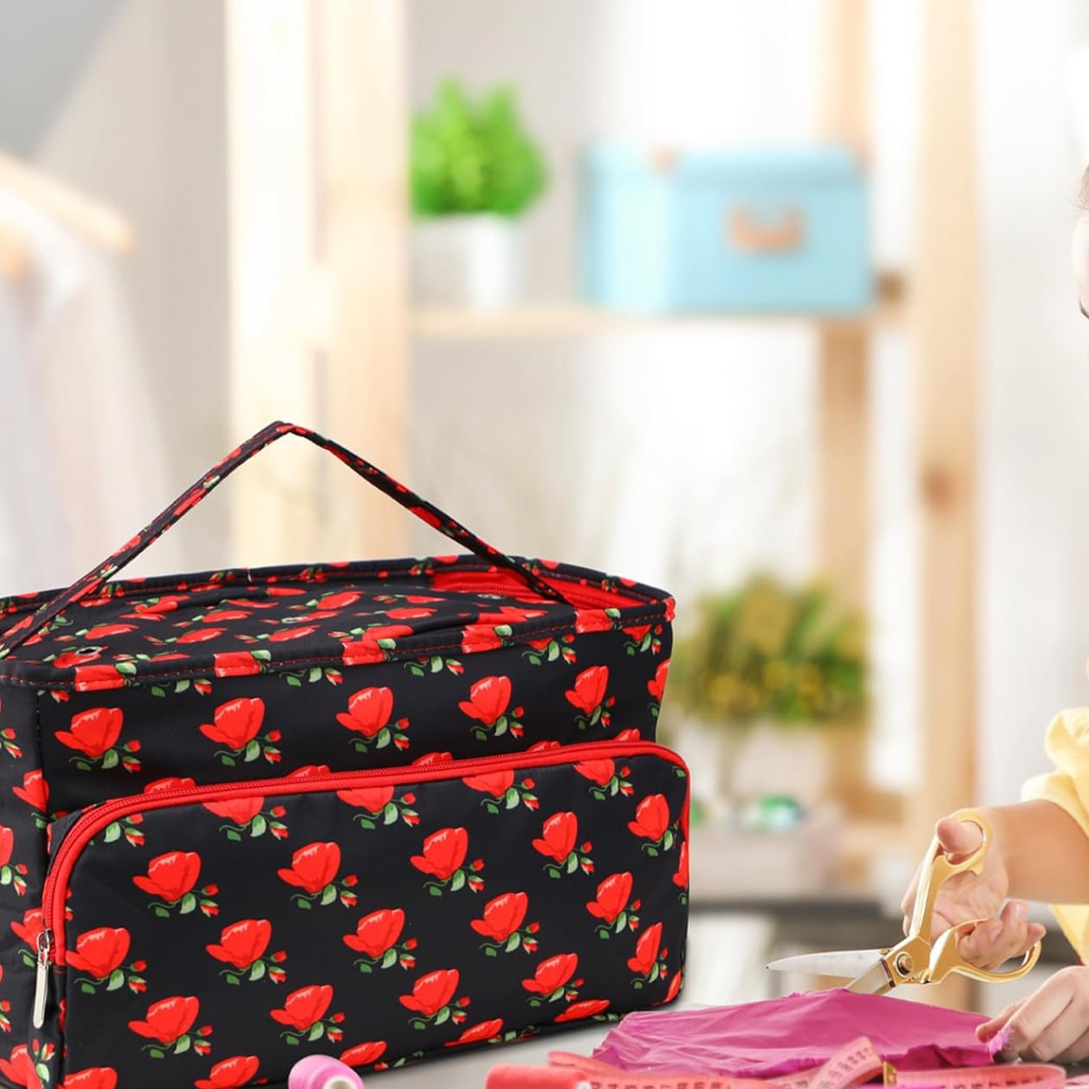 Knitting & Crochet Bag Organizer - Yarn Storage Tote With Multiple Pockets, Adjustable Strap, Rust Red