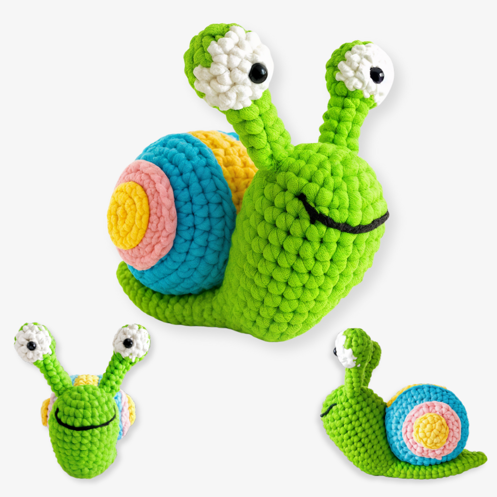 A plush green amigurumi snail with big eyes, a smile, and a blue, pink, and yellow shell—featured in three angles—is crafted from “The Snuggle Squad - 10 Adorable Crochet PDF Patterns” set on a white background.