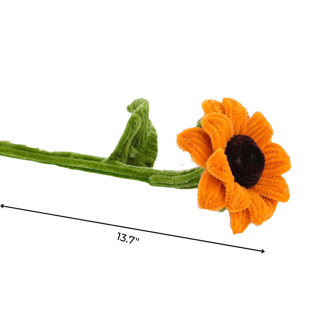 A handmade orange and black flower with a green stem, measuring 13.7 inches long—perfect for your bouquet or to pair with the Sunflower Crochet Kit for a unique decorative touch.