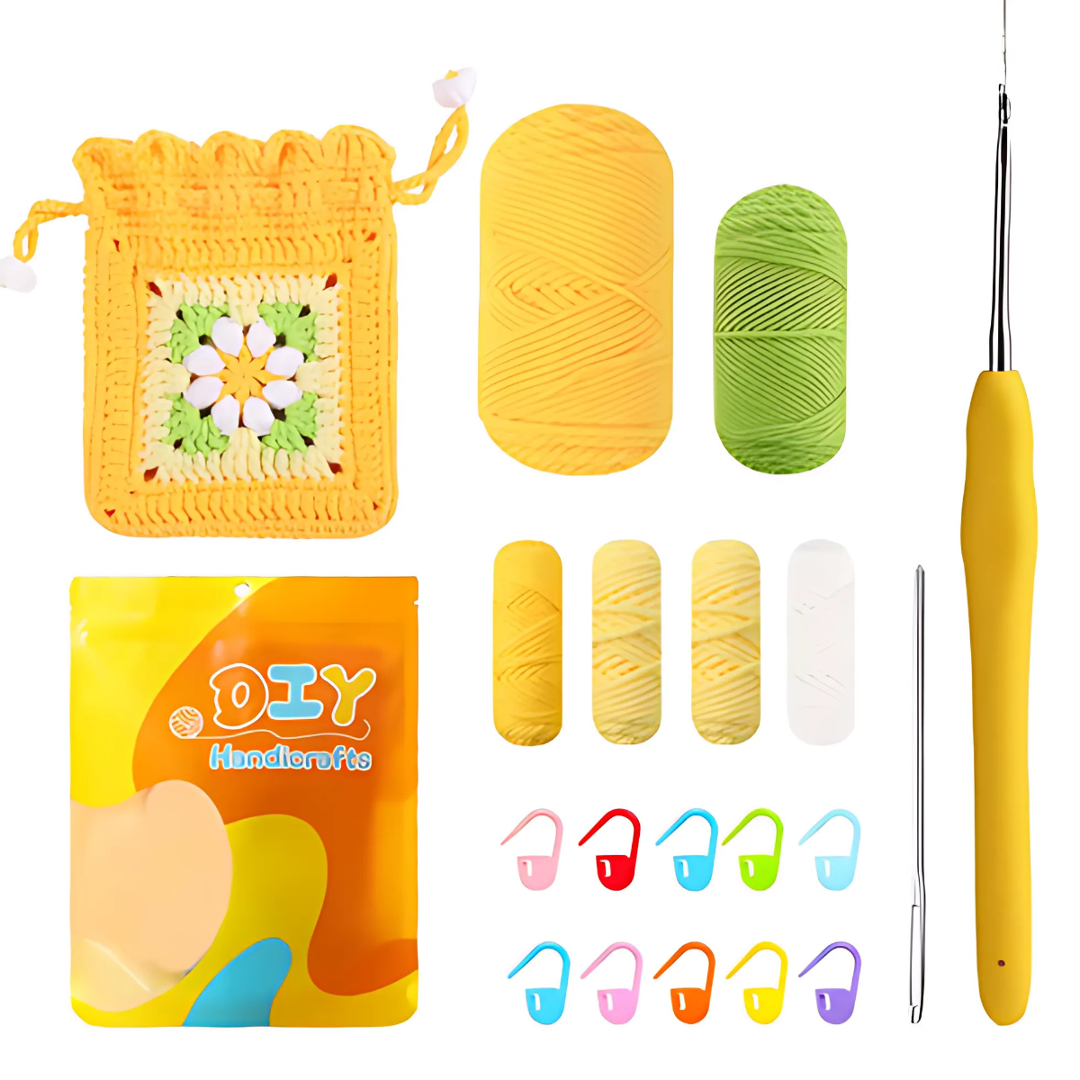 The Crochet Flower Purse Kit includes yellow and green yarn, crochet hooks, stitch markers, a crochet flower square, a yellow DIY packet, and four small yarn balls—everything you need to create your own flower purse.