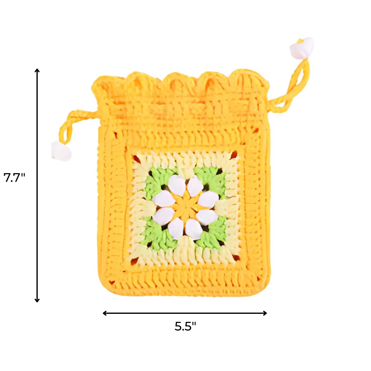 The Crochet Flower Purse Kit includes a yellow floral-patterned purse measuring 7.7" x 5.5" with a beaded drawstring closure—perfect for handmade and crochet lovers.
