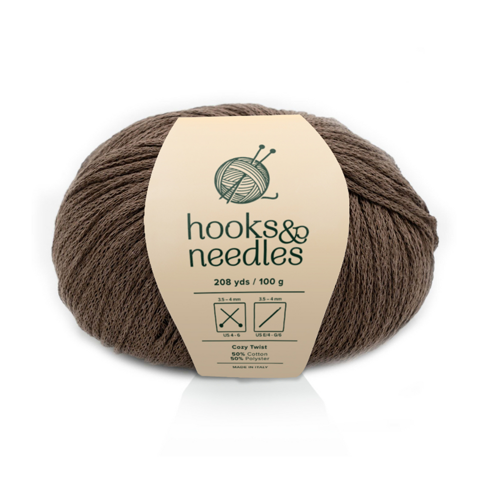 Cozy Twist yarn in brown, 208 yds/100g, 80% cotton blend, by hooks & needles; ideal for crafts with 3.5-4mm needles/hooks. Care symbols on label.