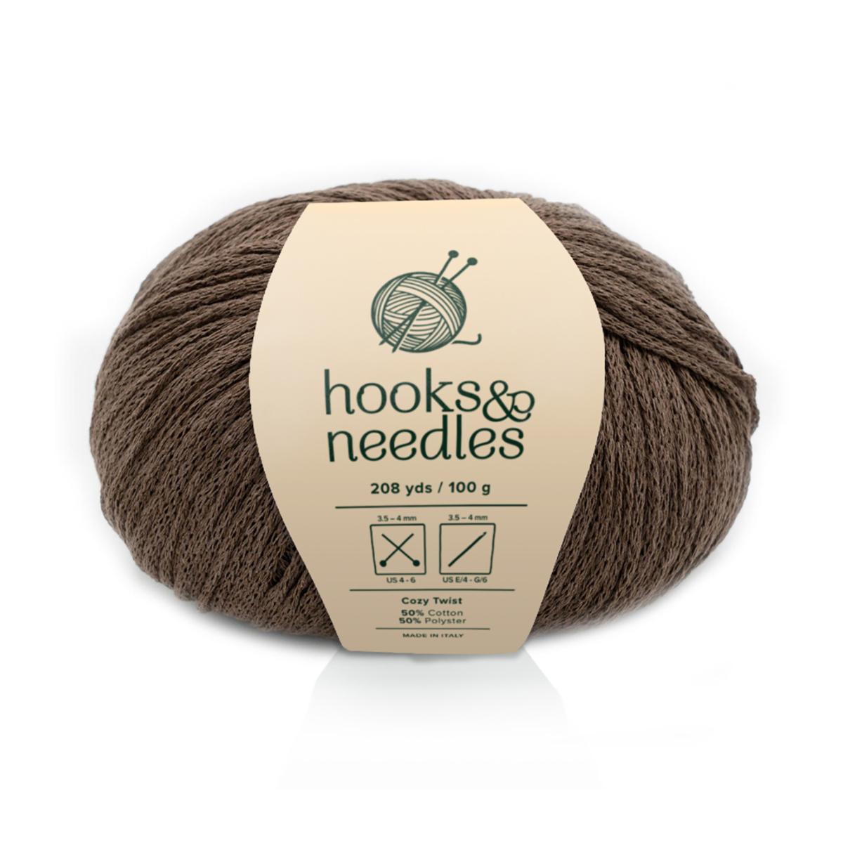 Cozy Twist yarn in brown, 208 yds/100g, 80% cotton blend, by hooks & needles; ideal for crafts with 3.5-4mm needles/hooks. Care symbols on label.