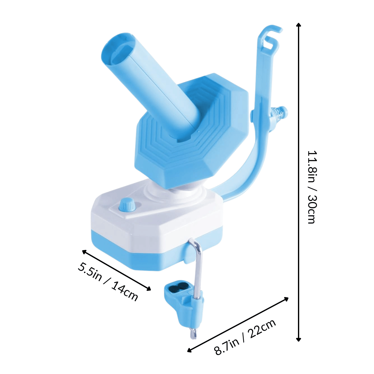 The Electric Yarn Winder is a blue and white plastic device with a rotating tube and hook, measuring 11.8 x 8.7 x 5.5 inches. Black arrows highlight the dimensions.