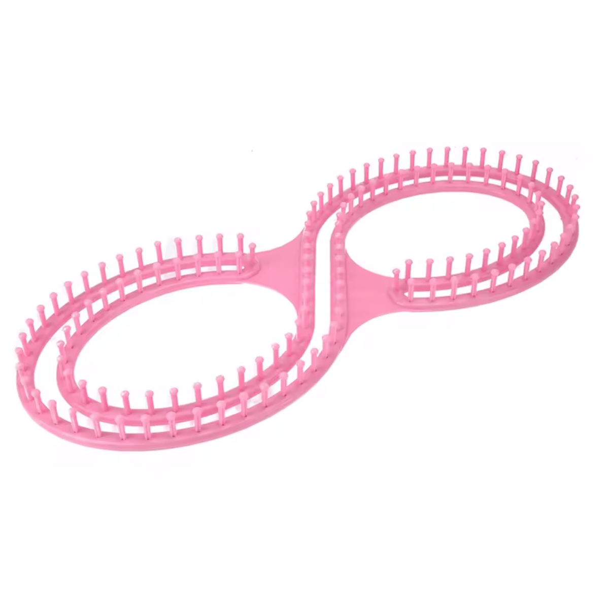 The Knitting Loom for Blankets and Scarves is a beginner-friendly pink plastic tool with two connected oval rings, each lined with evenly spaced pegs—ideal for creating cozy blankets.