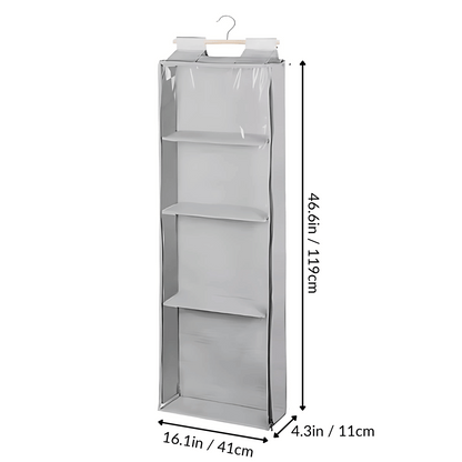 The Hanging Yarn Storage Organizer features four gray shelves, measuring 46.9” (119 cm) tall, 16.1” (41 cm) wide, and 4.3” (11 cm) deep—perfect as a yarn organizer for closet storage.