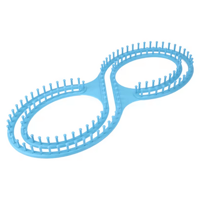 The Knitting Loom for Blankets and Scarves is a beginner-friendly blue plastic figure-eight loom with evenly spaced pegs around both oval sections, perfect for crafting cozy blankets.